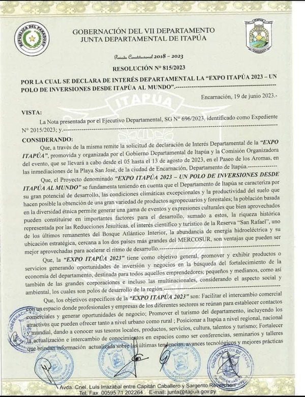 DECLARAN DE INTERÉS DEPARTAMENTAL A LA EXPO ITAPÚA 2023