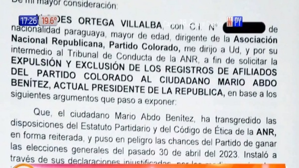 Dirigente colorado pide expulsión de Abdo Benítez de la ANR - Noticias Paraguay