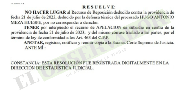 Jueza no hace lugar a reposición de Meza Huespe por considerarla dilatoria