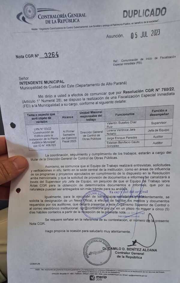 Contraloría comienza verificaciones en la comuna de CDE