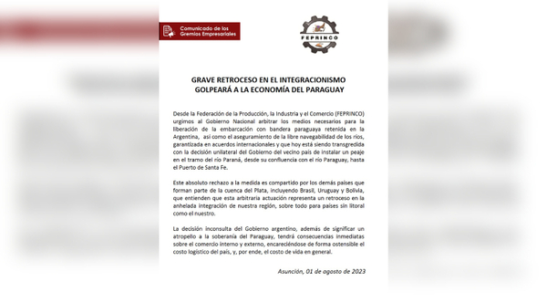 Diario HOY | Feprinco advierte: cobro de peaje en la hidrovía golpeará a la economía local