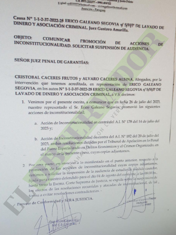 Erico Galeano pretende suspender imposición de medidas con dos acciones de inconstitucionalidad