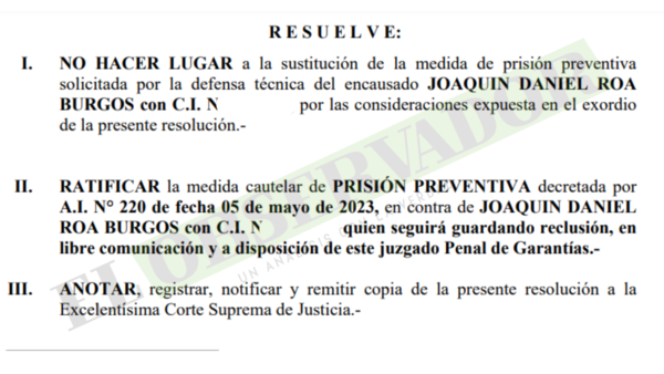 Juez ratifica que Joaquín Roa seguirá preso
