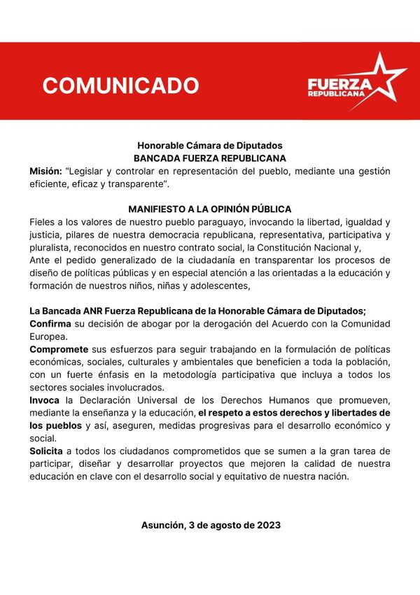 Bancadas de ANR en Diputados a favor de derogar acuerdo con UE para la Transformación Educativa - El Trueno