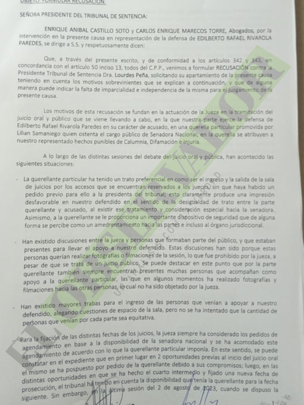 Presidente de AMIPS recusa a jueza Lourdes Peña por trato preferencial hacia la senadora Lilian Samaniego
