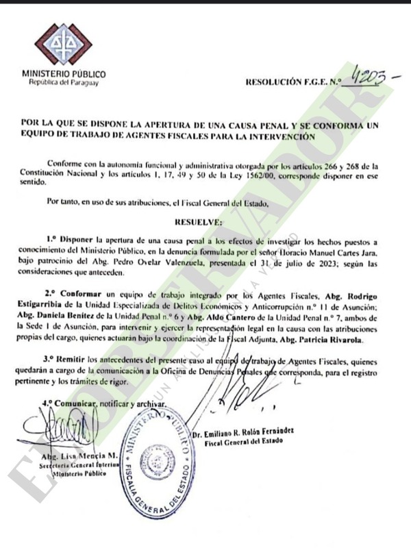 Equipo de fiscales tendrá a su cargo causa penal tras denuncia de Cartes