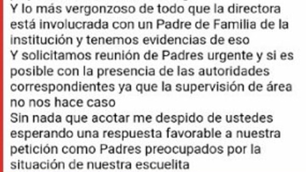 Denunciaron ante el MEC que la dire es amante de un papá
