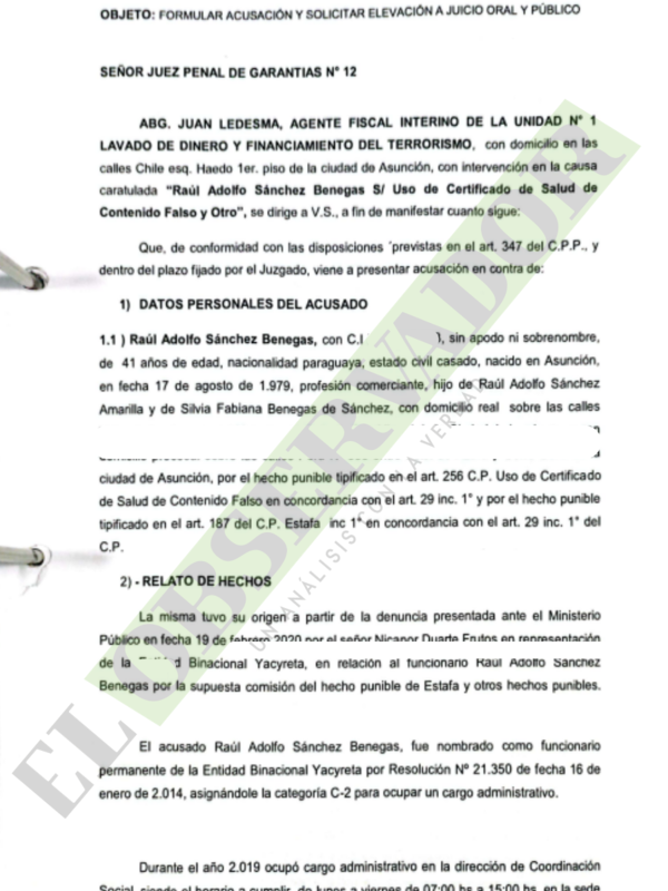 Fiscalía pide juicio para “Raulito” Sánchez, presunto planillero de la EBY quien solo habría asistió a trabajar 11 días en todo un año