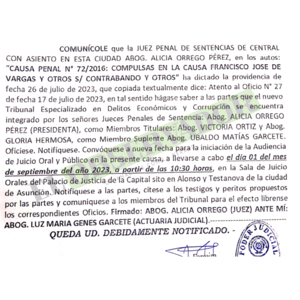 Juicio por millonario perjuicio a la Senad con equipo de escuchas es fijado para septiembre