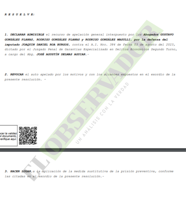 Cámara revoca prisión preventiva y otorga arresto domiciliario a Joaquín Roa