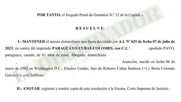 Juez no halla elementos nuevos y mantiene arresto domiciliario a Payo Cubas