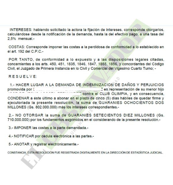 Olimpia deberá indemnizar con más de G. 800 millones a hincha que quedó cuadripléjico tras caer de una valla del Manuel Ferreira