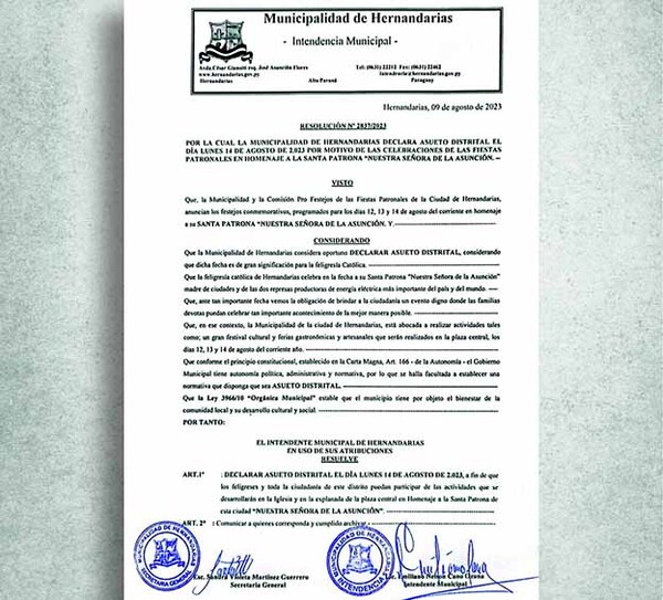 Declaran asueto distrital el lunes 14 de agosto en Hernandarias | DIARIO PRIMERA PLANA