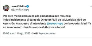 ¡Se fue Villaba! “Renuncio indeclinablemente al cargo”, he’i