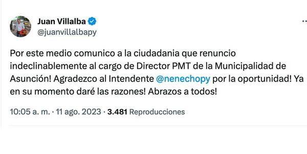 ¡Se fue Villaba! “Renuncio indeclinablemente al cargo”, he’i