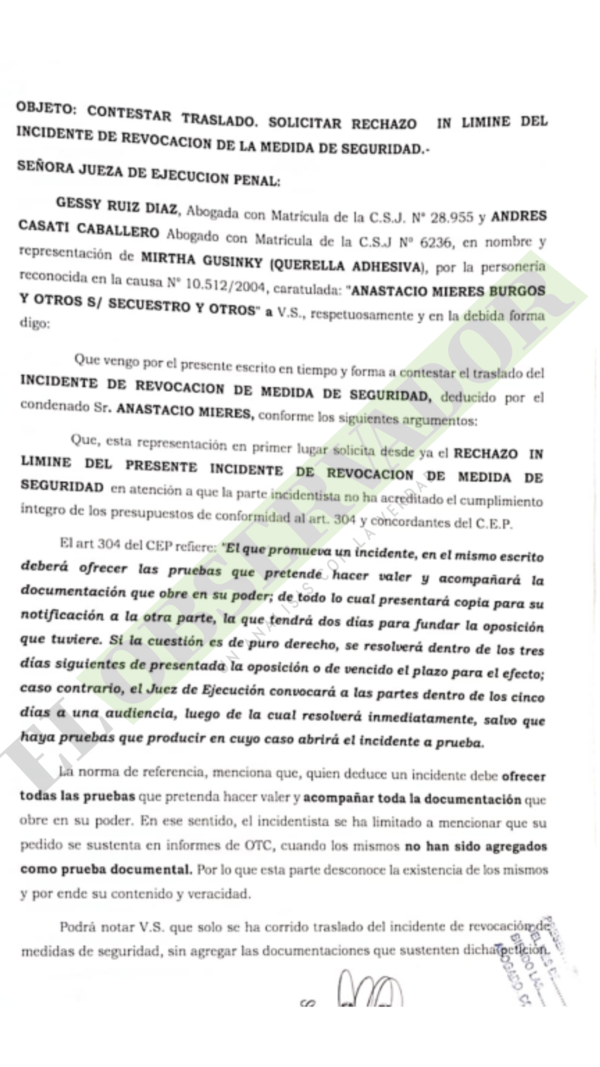 Querella se opone a estudiar la revocación de la medida de seguridad de Anastasio Mieres