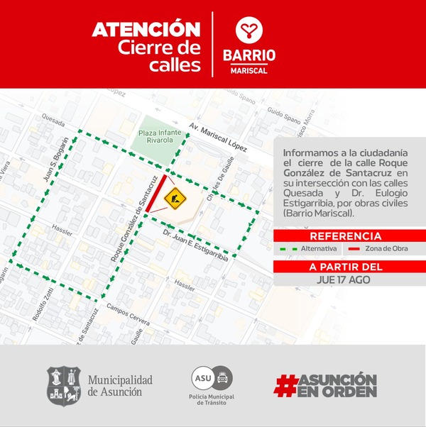 Obras obligan a desviar en la zona de Villa Morra | 1000 Noticias