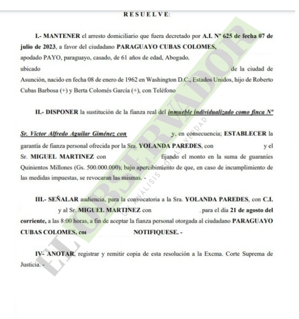 Paraguayo Cubas continuará en régimen de arresto domiciliario