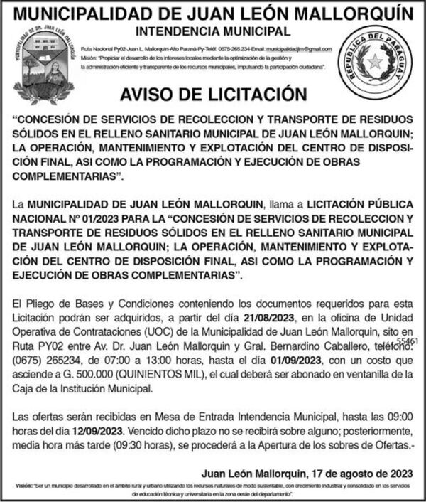 Licitarán concesión para recolección de basuras en Mallorquín