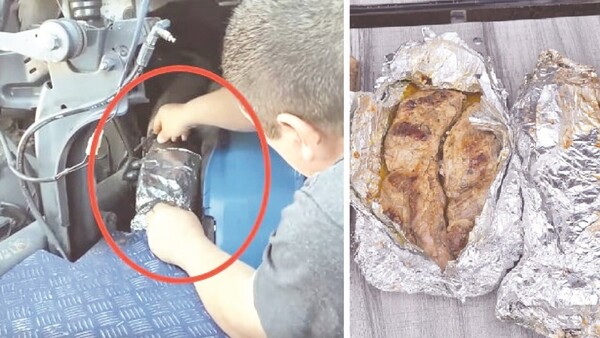 Camionero cocina asado sobre el caño de escape de su camión