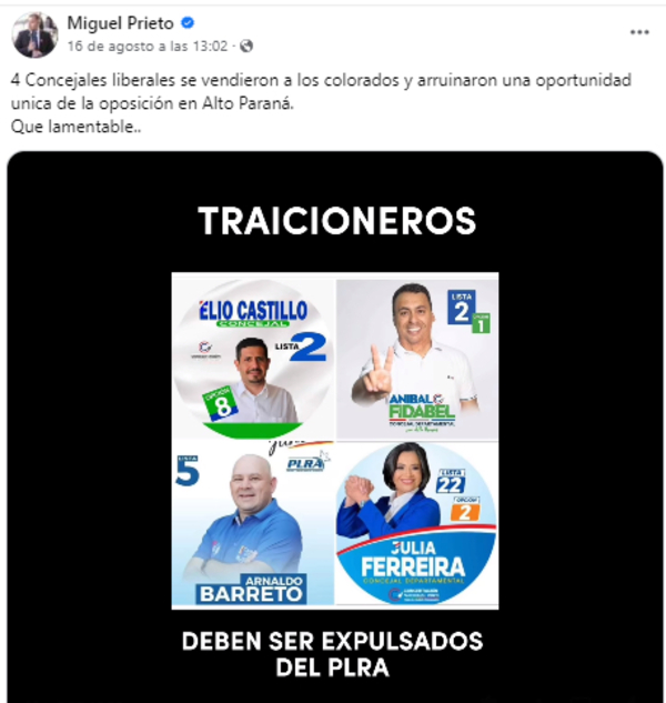 Prieto acusa a cuatro liberales de vendidos y pide sean expulsados - La Clave