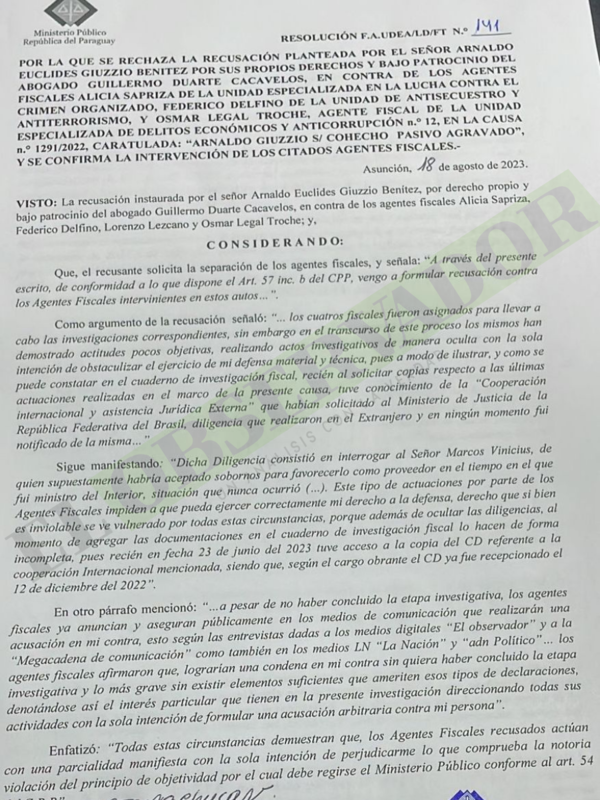 Fiscalía confirma a fiscales en causa al exministro Arnaldo Giuzzio
