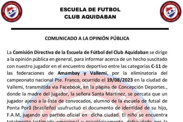 Lamentable actitud  de supuestos directivos de la Escuela de Fútbol del club Aquidabán