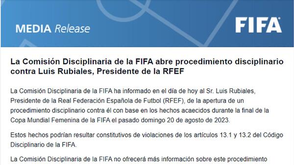 La FIFA abre procedimiento disciplinario contra Luis Rubiales