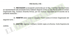 Rechazan recusación de Erico Galeano contra juez por falta de argumentos valederos