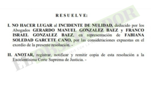 Juez no hace lugar a nulidad de imputación a Fabiana Garcete por carercer de sustento