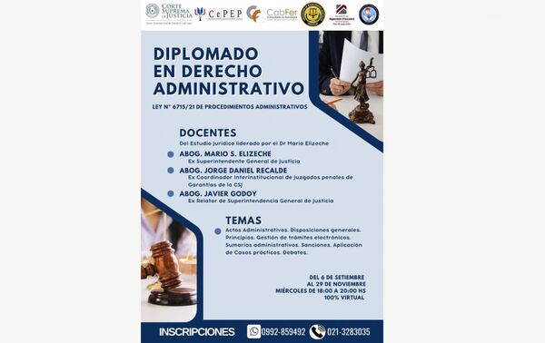 Habilitan inscripción para Diplomado en Derecho Administrativo