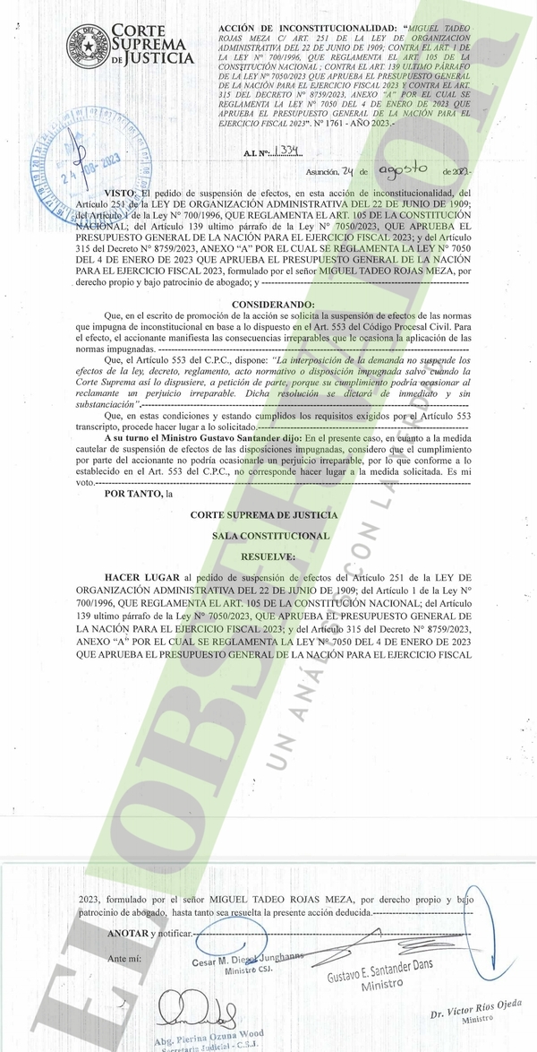 Corte habilita a Tadeo Rojas a cobrar su jubilación y el sueldo de ministro