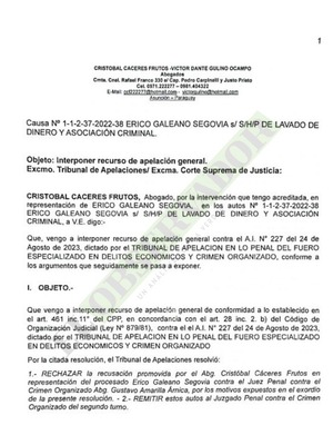 Erico Galeano apela confirmación del juez Gustavo Amarilla