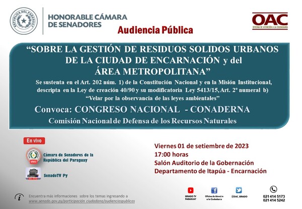 MAÑANA REALIZARÁN AUDIENCIA PÚBLICA PARA ABORDAR LA GESTIÓN DE RESIDUOS SÓLIDOS EN ENCARNACIÓN