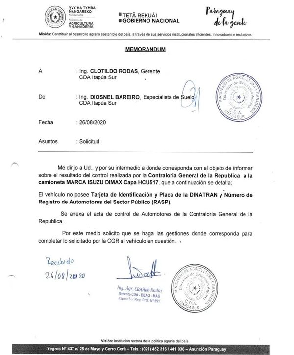 Técnico deslinda responsabilidades en uso indebido de vehículo del DEAg - Economía - ABC Color