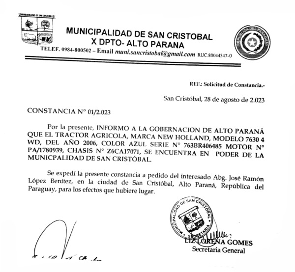 Inminente archivamiento de causa por desaparición de tractor de la Gobernación - La Clave