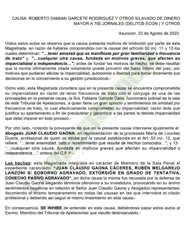 Camarista se inhibe en causa abierta a la familia Garcete