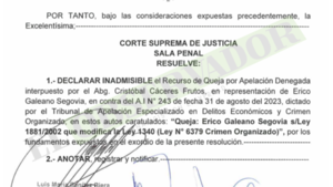 Sala Penal declara inadmisible recurso de queja de Erico Galeano