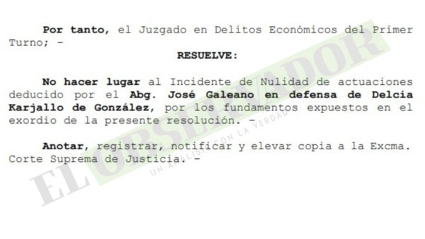 Juez avala actuaciones de Fiscalía y rechaza nulidad promovida por Delcia Karjallo