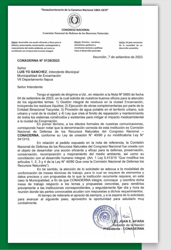 CONADERNA PROPONE INSTALACIÓN DE MESAS TÉCNICAS PARA ATENDER PLANTEAMIENTOS AMBIENTALES DEL MUNICIPIO DE ENCARNACIÓN