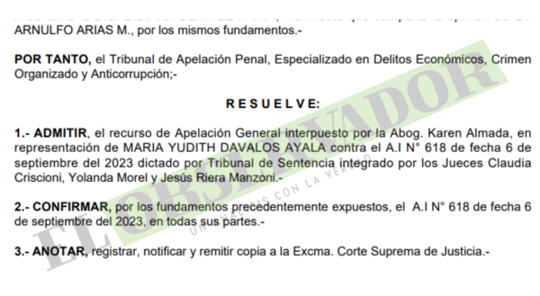 Ratifican prisión preventiva de acusada por lesión de confianza