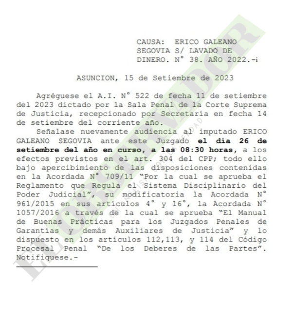 Convocan bajo apercibimiento a Erico Galeano para imposición de medidas