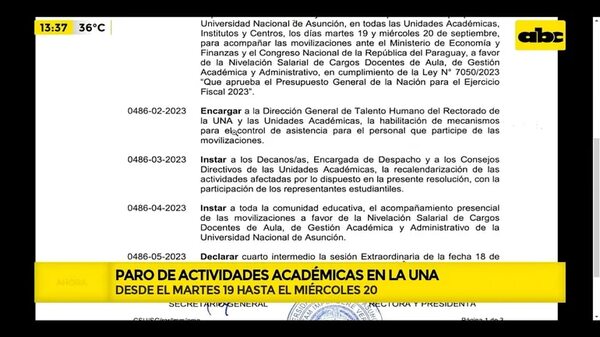 Paro general en la UNA: desde el martes 19 hasta el miércoles 20 - ABC Noticias - ABC Color