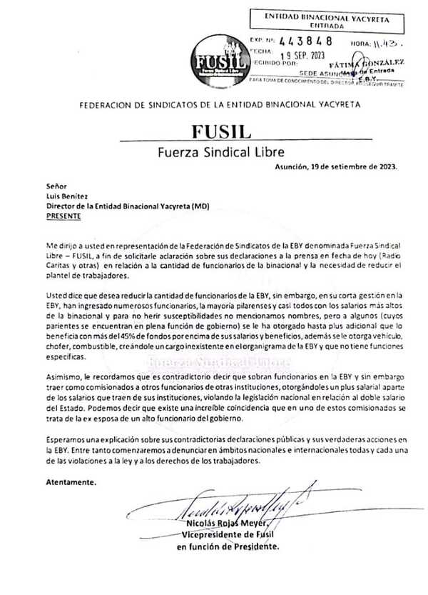 Sindicatos de EBY acusan a director de contradictorias contrataciones | 1000 Noticias