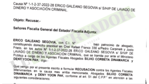 Por falta de objetividad y por tener intereses políticos, Erico Galeano recusa a fiscales 