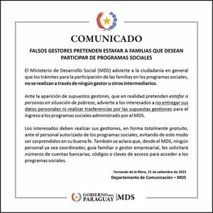 MDS ADVIERTE DE FALSOS GESTORES PARA INSCRIPCIÓN A PROGRAMAS SOCIALES