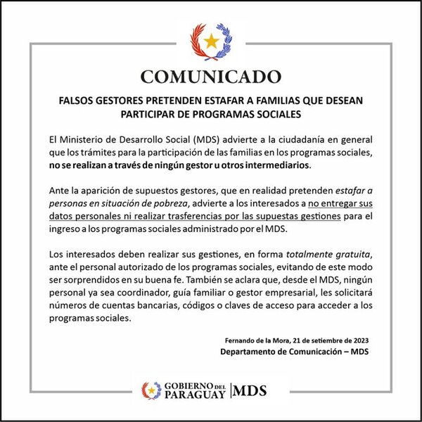MDS ADVIERTE DE FALSOS GESTORES PARA INSCRIPCIÓN A PROGRAMAS SOCIALES
