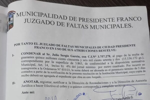 Más de Gs. 15 millones de multa por no limpiar patio baldío en Franco