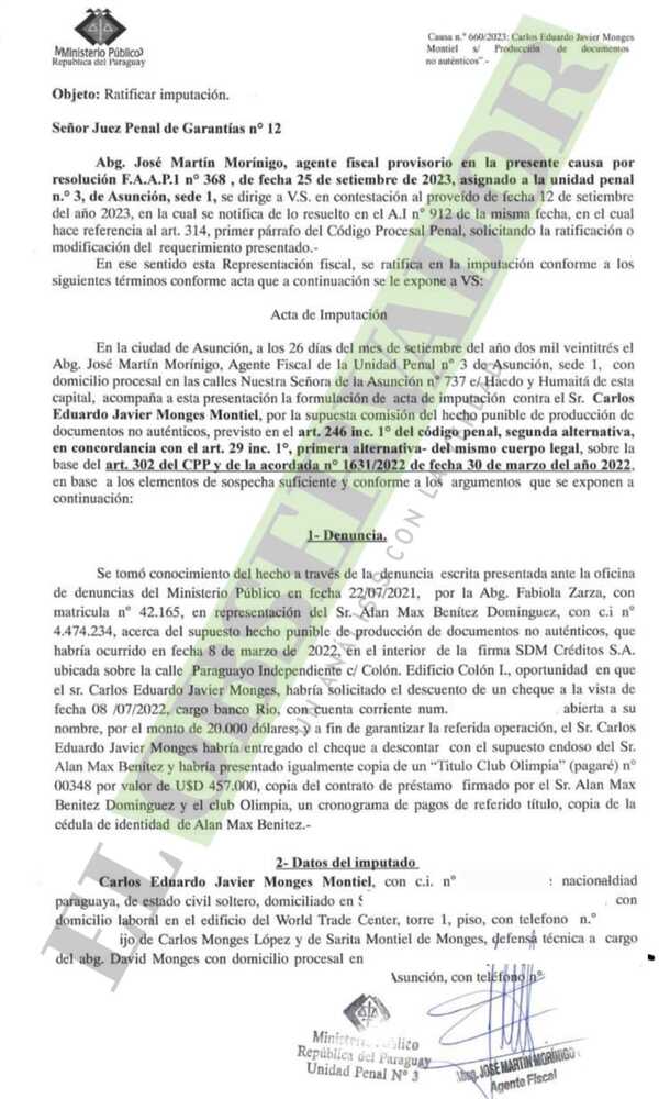 Fiscal se ratifica en imputación sobre el empresario deportivo Javier Monges