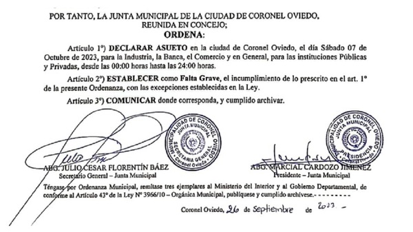 Ordenanza de asueto para el 7 de octubre no aclara excepciones